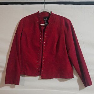Red faux suede jacket with antique bronze tack detail